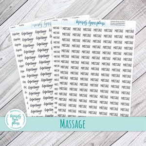 May include: A sheet of clear planner stickers with the word "massage" repeated in black cursive writing.
