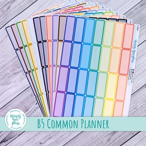 May include: A collection of planner stickers featuring rectangular labels in a spectrum of pastel colours. The stickers are labelled "B5 COMMON PLANNER" and include the brand name "Mandy Lynn Plans". They are displayed on a light wood grain surface.