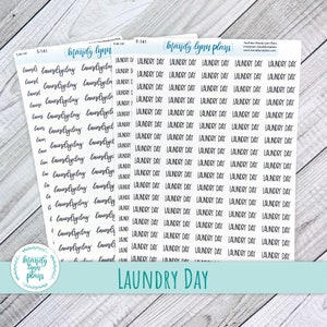 May include: A sheet of clear stickers with the text "Laundry Day" repeated multiple times in black cursive writing. The stickers are designed for use in a planner or journal.