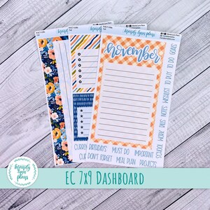 May include: Planner dashboard inserts with various designs, including floral, striped, and grid patterns. One insert has the word "November". The inserts have sections for notes, goals, and to-do lists. The text "EC 7x9 Dashboard" is at the bottom.