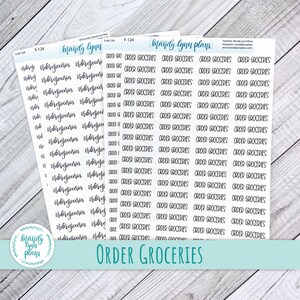May include: A sheet of clear planner stickers with the text "ORDER GROCERIES" repeated multiple times in black cursive handwriting. The stickers are designed for use in a planner or journal.