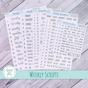 May include: A set of clear planner stickers with black handwritten text. The stickers include daily and weekly tasks, reminders, and motivational phrases. The stickers are designed for use in a planner or journal.