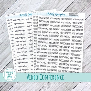 May include: A sheet of clear stickers with the text "Video Conference" repeated multiple times in a handwritten font. The stickers are designed for use in a planner or journal.