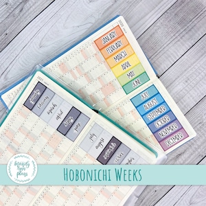 May include: Two Hobonichi Weeks planners with colorful monthly tabs. The 2020 planner has rainbow colored tabs for January through June and blue tabs for July through December. The 2021 planner has gray tabs for January through June and black tabs for July through December.