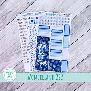 Puede incluir: Un conjunto de pegatinas para planificador con temática invernal. Las pegatinas presentan tonos de azul, copos de nieve y la palabra "Enero". Incluye etiquetas para citas, fechas y listas de tareas. El texto "Wonderland 222" también es visible.