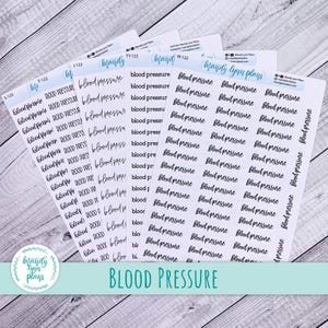 May include: Four white sticker sheets featuring the text "blood pressure" printed in various black fonts. Each sheet includes multiple rows of these labels, with branding for "Mandy Lynn Plans" at the top of each sheet, organized by codes S-122, F-122, J-122, TY-122, and W-122.