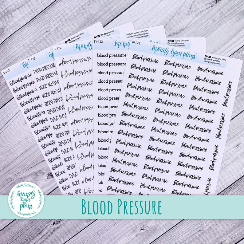 May include: Four white sticker sheets featuring the text "blood pressure" printed in various black fonts. Each sheet includes multiple rows of these labels, with branding for "Mandy Lynn Plans" at the top of each sheet, organized by codes S-122, F-122, J-122, TY-122, and W-122.