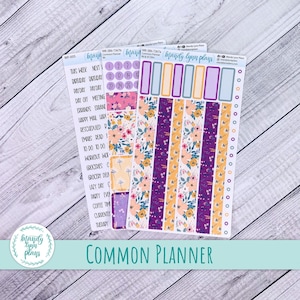 May include: A selection of planner stickers featuring floral and geometric patterns in shades of purple, yellow, and pink. The stickers are designed for scheduling, with the text "Common Planner".