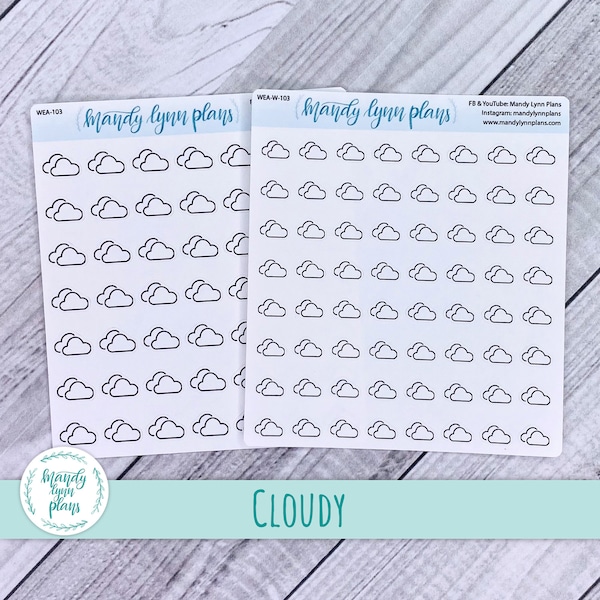 Black Line Cloudy, Cloud, Overcast, Shady Weather Stickers || Removable White and Clear Matte Stickers || 103