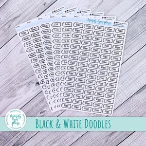 May include: A collection of black and white planner stickers featuring labels such as "Plan," "To Do," and "Notes." The stickers are fanned out, with the text "Black & White Doodles" displayed at the bottom of the image.