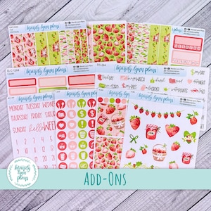 May include: A collection of colorful planner stickers featuring strawberries, jars of jam, and other cute designs. The stickers are perfect for adding a touch of whimsy to your planner or journal.