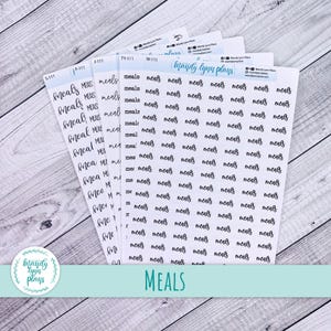 May include: Several sheets of planner stickers with the word "meals" in a handwritten font. The stickers are white with black text. The image also includes the text "Mandy Lynn Plans" and the word "MEALS" in a teal box.
