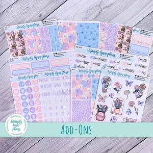 May include: A collection of planner stickers with floral, butterfly, and geometric designs in pastel colors. The stickers include functional labels, decorative elements, and the text "ADD-ONS". The brand name "Mandy Lynn Plans" is visible.