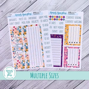 May include: Planner stickers with floral and striped designs. The stickers include sections for notes, to-do lists, and tracking events. Text includes "July", "Birthdays", "Important", and "Multiple Sizes".