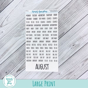 May include: A white planner sticker sheet with black text. The sheet includes various event labels such as "Appointment," "Payday," and "Date Night." The word "August" is prominently displayed. The text "Large Print" is at the bottom.