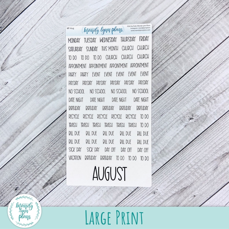 May include: A white planner sticker sheet with black text. The sheet includes various event labels such as "Appointment," "Payday," and "Date Night." The word "August" is prominently displayed. The text "Large Print" is at the bottom.