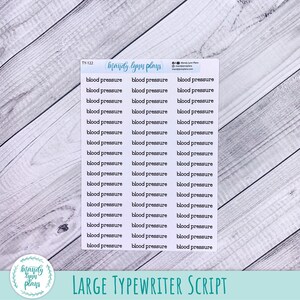 May include: A white sticker sheet featuring forty-five individual black text labels that read blood pressure in a typewriter font. The top of the sheet includes the text TY-122, Mandy Lynn plans, and social media icons with the handle Mandy Lynn Plans.