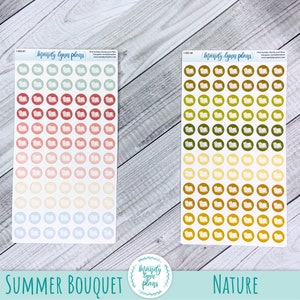 May include: Two sheets of stickers featuring a book icon in a variety of colours. The first sheet has a gradient of colours from green to red to yellow to blue. The second sheet has a gradient of colours from green to yellow to orange to brown. The text "SUMMER BOUQUET" is at the bottom left of the image and "NATURE" is at the bottom right of the image.