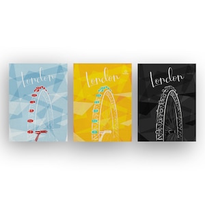 Set Of 3 Prints, London Eye Print, London Art Poster, Coloured Print, Black And White, Travel Print