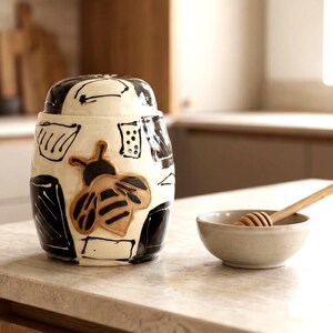 May include: A ceramic honey pot with a lid, decorated with a bee design and black accents. A small, beige bowl and a wooden honey dipper are next to the pot. The honey pot is on a light-colored countertop.