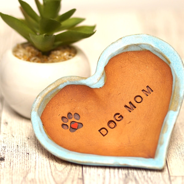 Dog Mom Heart Trinket Dish -  Handmade Pottery Jewelry Dish for Dog Lovers. Ceramic Heart Ring Bowl for Jewelry Collection. Mothers Day Gift