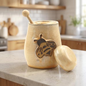 May include: A ceramic honey pot with a wooden honey dipper. The pot is beige with a brown bee design and a matching lid. The honey dipper is inserted into the pot. The pot is sitting on a countertop.