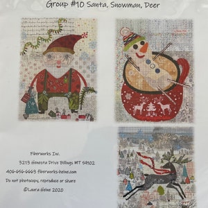 Puede incluir: Un conjunto de patrones de collage "Teeny Tiny Collage Patterns" de Laura Heine. El conjunto presenta imágenes de Papá Noel, un muñeco de nieve en una taza y un ciervo. Papá Noel tiene un gorro rojo y pantalones verdes. El muñeco de nieve está en una taza roja.