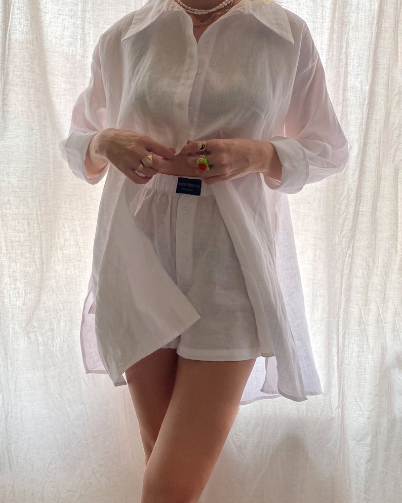 Linen Sumer Set, Soft Linen Shirt, and shorts, Linen Nightwear, Women's washed linen clothes, Soft and comfortable linen, Oversize Shirt image 2