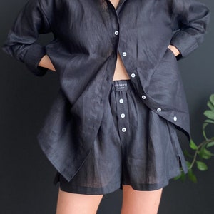 Sommer Leinen Set, weiches Leinenhemd und Shorts, Leinen Nachtwäsche, gewaschene Leinenkleidung für Damen, weiches und bequemes Leinen, Oversize-Hemd Bild 3