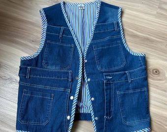 Denim vest. up cycled swabby style jeans and cotton dress shirt size medium