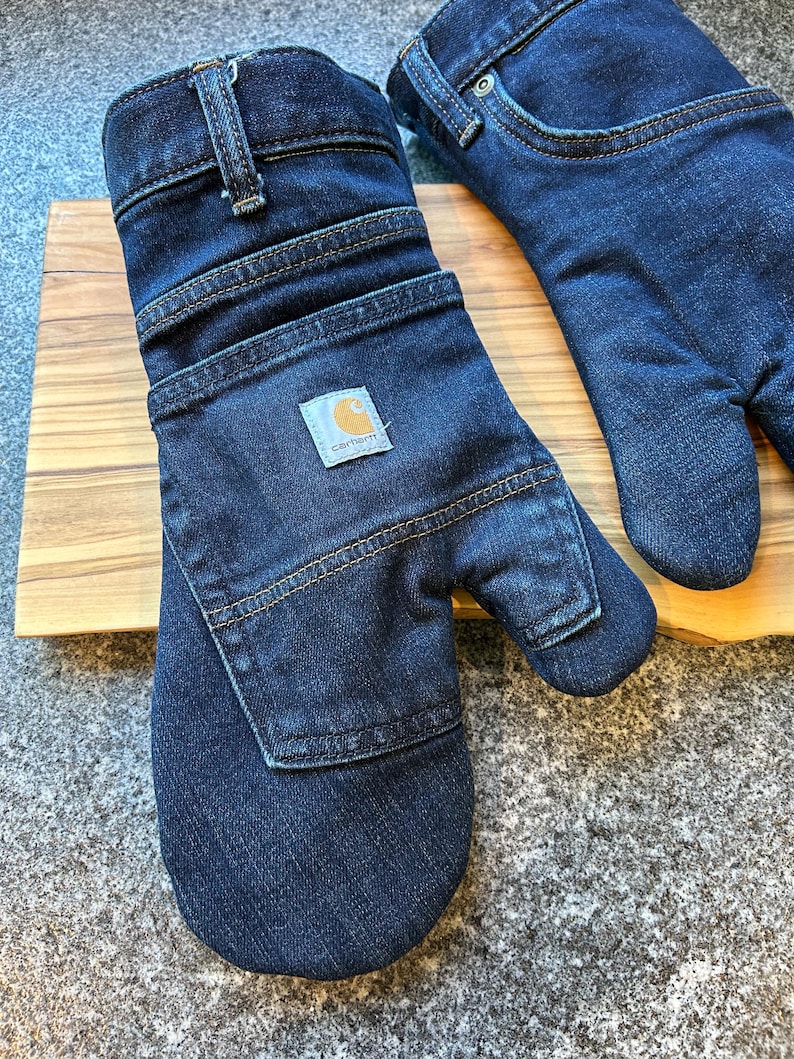 Oven Mitt Pair: Handmade up cycled denim kitchen glove image 3