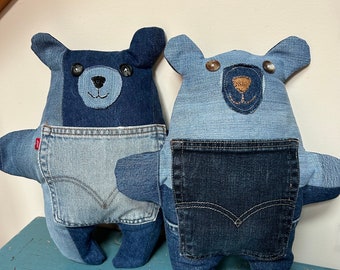 Stuffed bear- up cycled denim Levi’s pocket