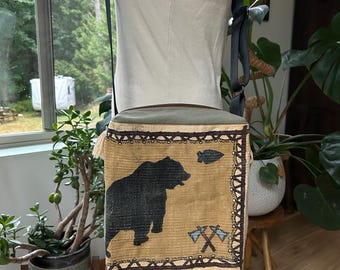 Boxy Shoulder Bag- Up cycled cargo pants tan with black bear and fringe