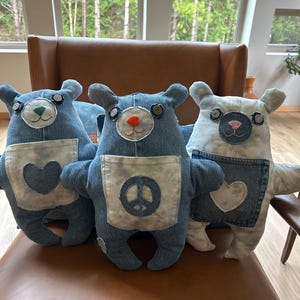 Stuffed bear - up cycled tie dye denim blue nose and denim pocket