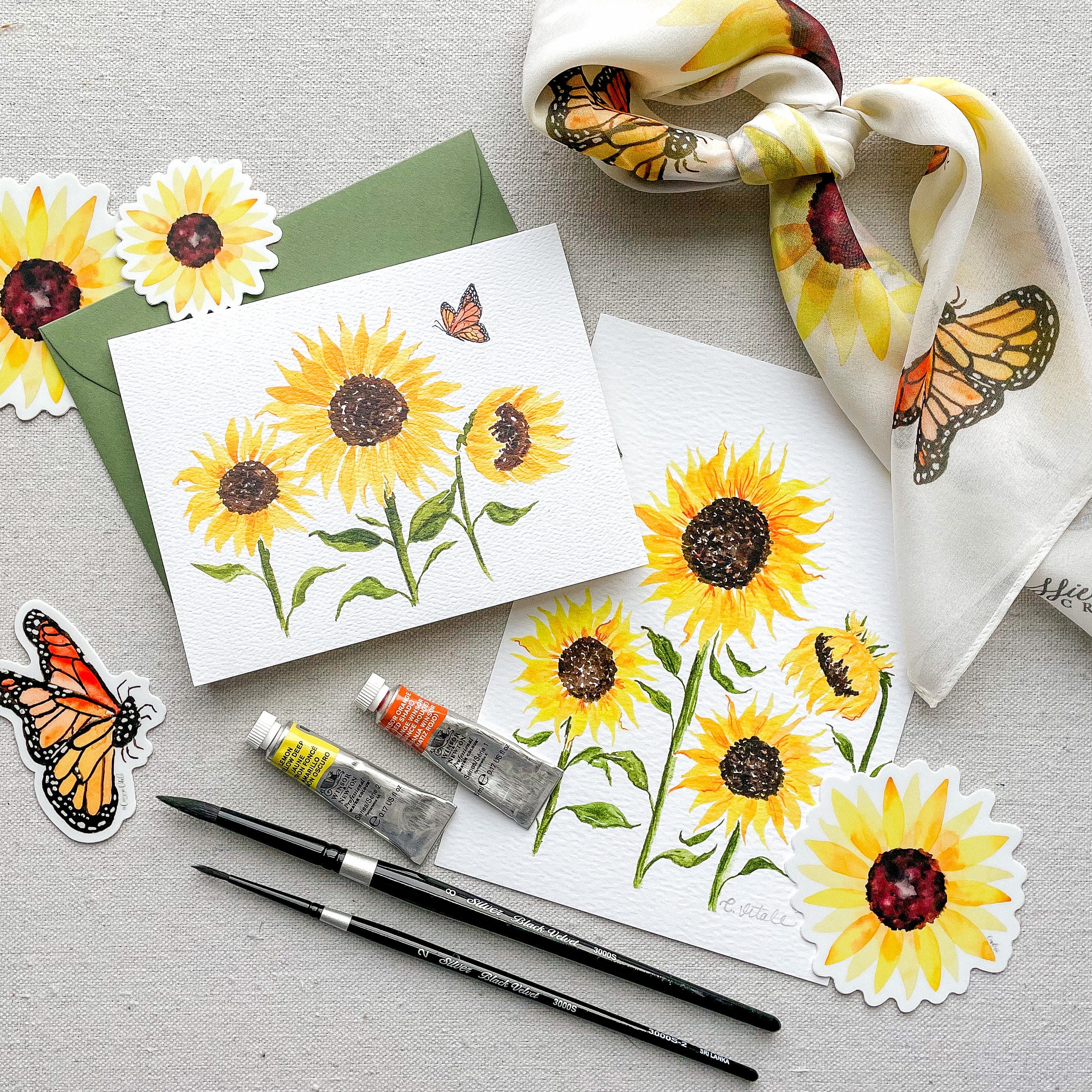 Bright Sunflower Note Cards Watercolor Folded Note Cards Featuring ...