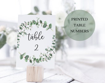 PRINTED Table Numbers with Eucalyptus Wreath for Wedding or Party - 4x6 or 5x7 - Choose Your Choice of Font - Lettered and Labeled