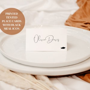 White Tented Place Cards with Meal Icon Option -  Lettered And Labeled