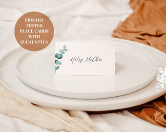 White Tented Place Cards with Eucalyptus Detail - Wedding Place Cards - Lettered And Labeled