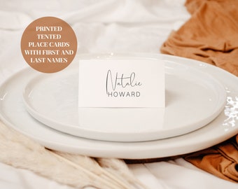 Custom White Tented Wedding Place Cards - Elegant Font