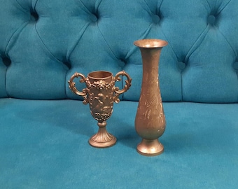 Vintage Brass Cup Trophy and Engraved Solid Brass Vase-Lot of 2 pcs-Art Nouveau Loving Cup Vase-Rare Brass Home Decor