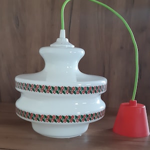 Pendant Lamp-Vintage Milky Glass 60s Light-Mid Century Retro Lamp White Glass with Flowers-Space Age Hanging Indoor Light