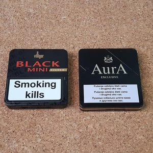 Vintage Cigarette Tin Case-Lot 2 Pcs-AURA Exclusive+Villiger Black Mini-Collectible Empty Tin Can Tobacco Box-Vintage Metal Advertising Box