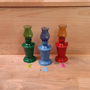 Vintage Mini Oil Lamp-Vintage Handmade Miniature Glass Kerosene Oil Lamp-1960s-Blue, Green or Red Tone Hardware - H= 5 Inch
