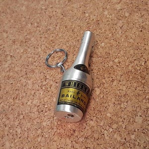 Vintage Bottle Lighter-Metal Bottle with Whiskey label Cigarette Lighter and Keychain-80s-Very Rare Lighter for Tobacciana Fans- L=3 Inch