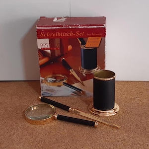 Vintage Schreibtisch-Set mit Lupe, Brieföffner und Stifthalter-Schönes Sammlerstück Messing Büro Tisch Set-Made in Germany