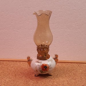Vintage Handmade Ceramic Glass Kerosene Oil Lamp-1960s Made in China-7 Inc-White Gold Tone with Flowers Hardware, Light Brown Chimney