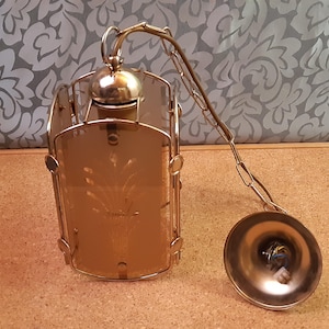Hanging Chandelier Light -French Brushed Glass Hanging Lamp - Gold Color Smoked Glass Hanging Candelabra -1970s Square Shape Ceiling Pendant
