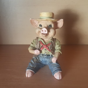 Vintage Resin Pig Figurine as a Cowboy with a Hat-Sweet Decorative Fun Pig Figurine
