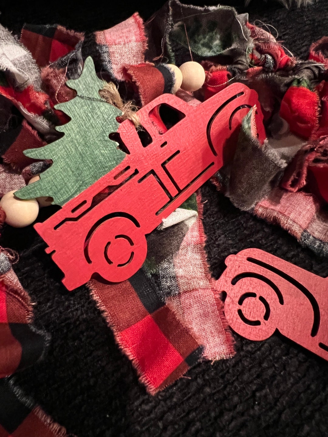 Red Truck Garland, Red Truck With Tree, Buffalo Check, Garland, Torn Fabric, Christmas, Holiday ...