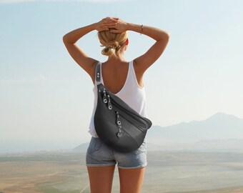 XL Black Leather Fanny Pack: Oversized Sling Bag with Zipper Pockets